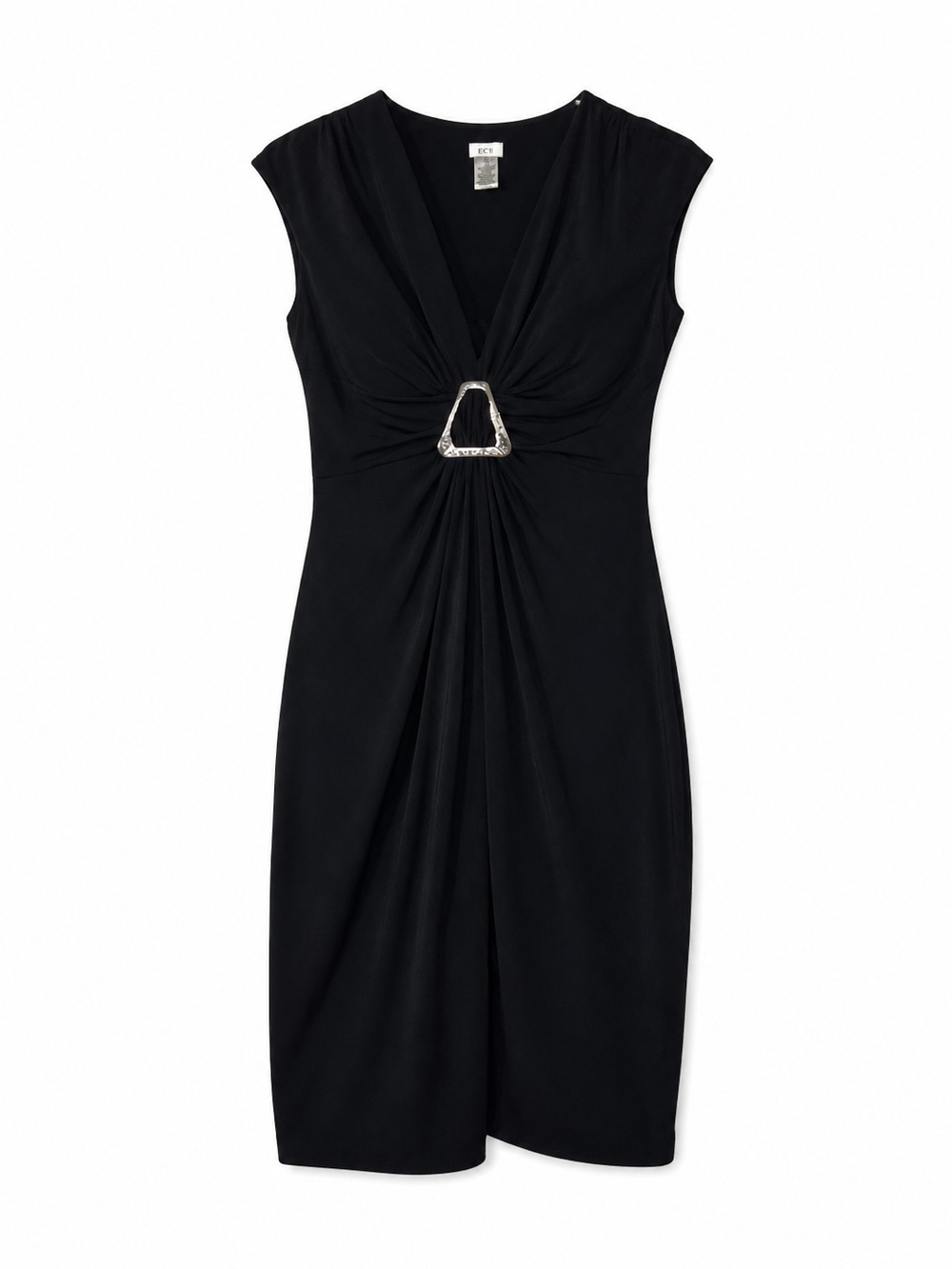 Cache Black Sheath Dress Size 10 Silver Hardware Buckle Ruched Stretch Cocktail